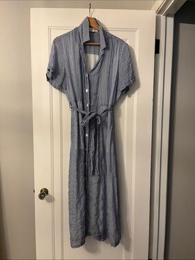 cloth & stone Blue and White Striped Button-Front Midi Dress with Tie Waist